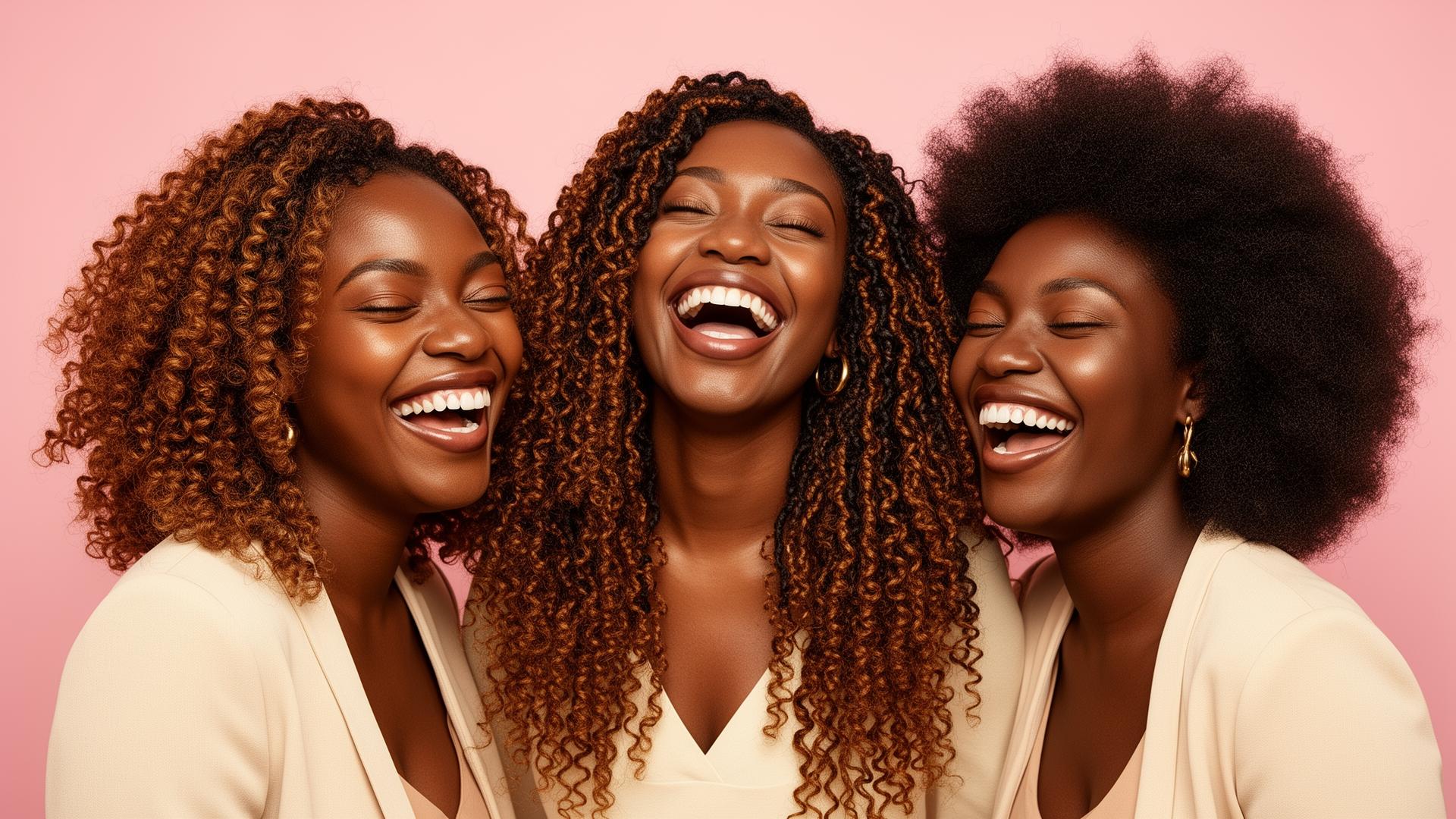 Three Black women laughing together with beautiful crochet braids